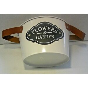 FLOWERS AND GARDEN WHITE BUCKET WITH BROWN LEATHER STRAPS